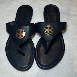 Tory Burch Navy Sandals with Gold Emblem
